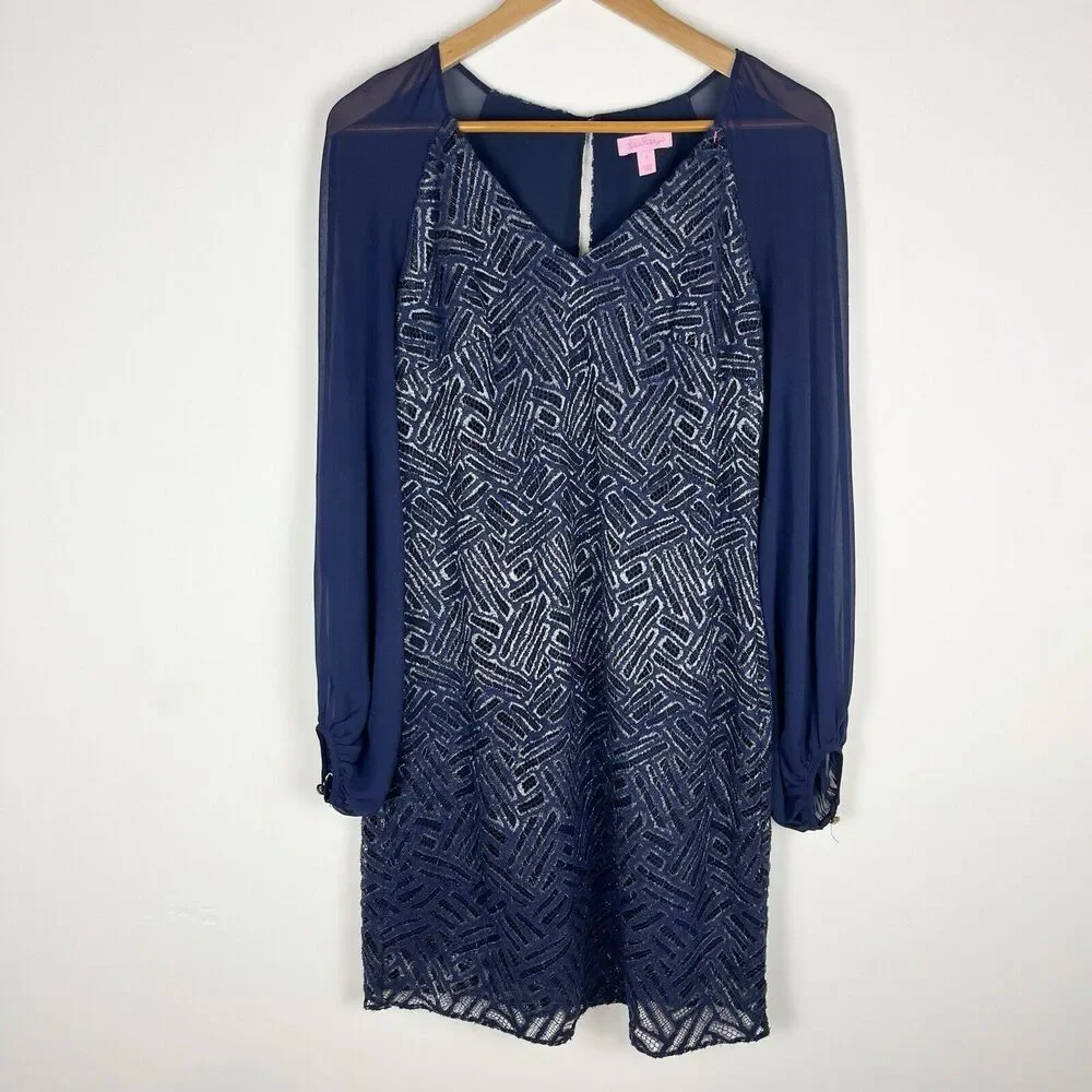 Lilly Pulitzer Navy Blue Long Sleeve Sheer-Sleeve Dress